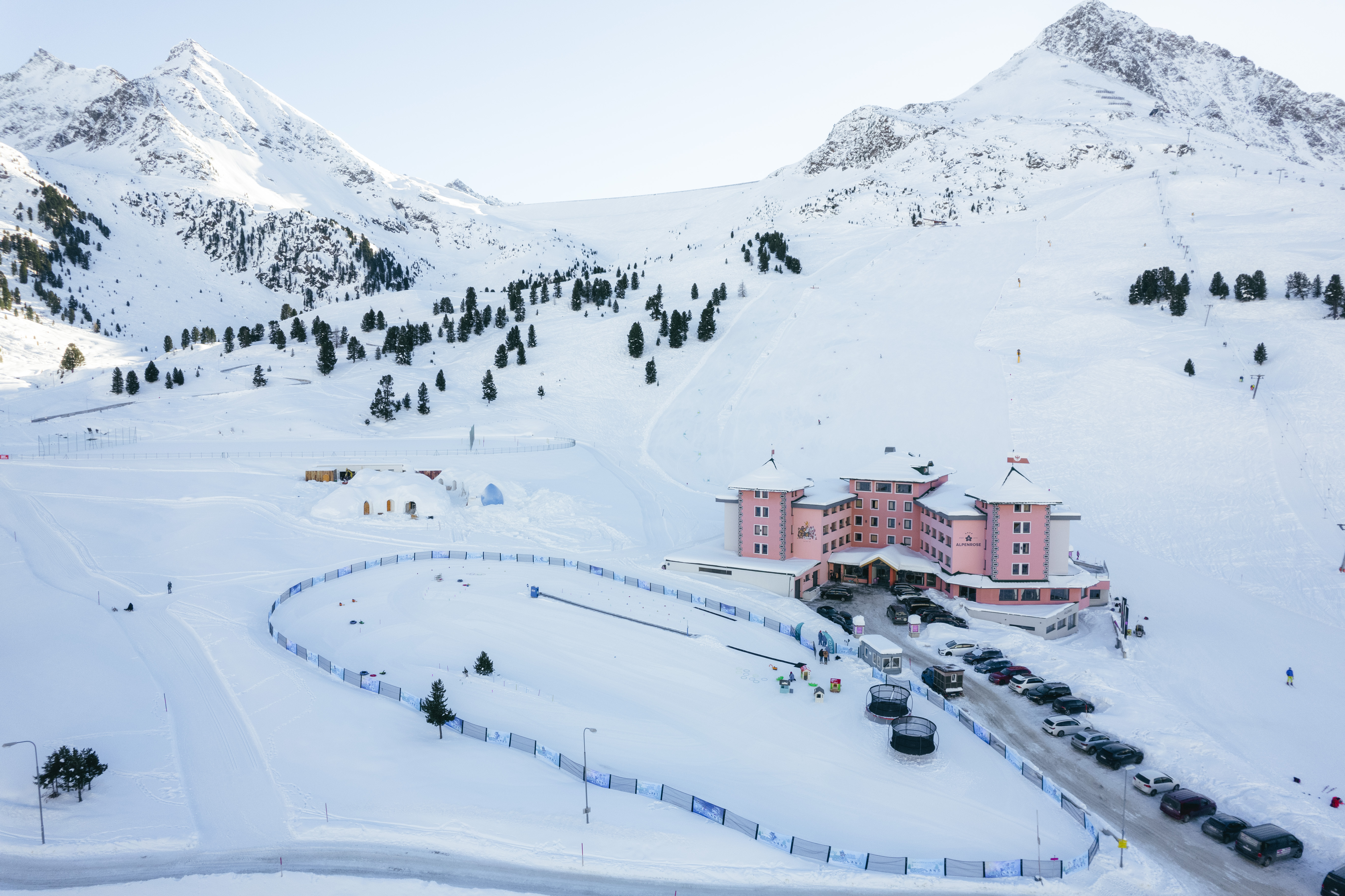 Aerial view of the GERBYLAND children's ski area in Kühtai next to Hotel Alpenrose