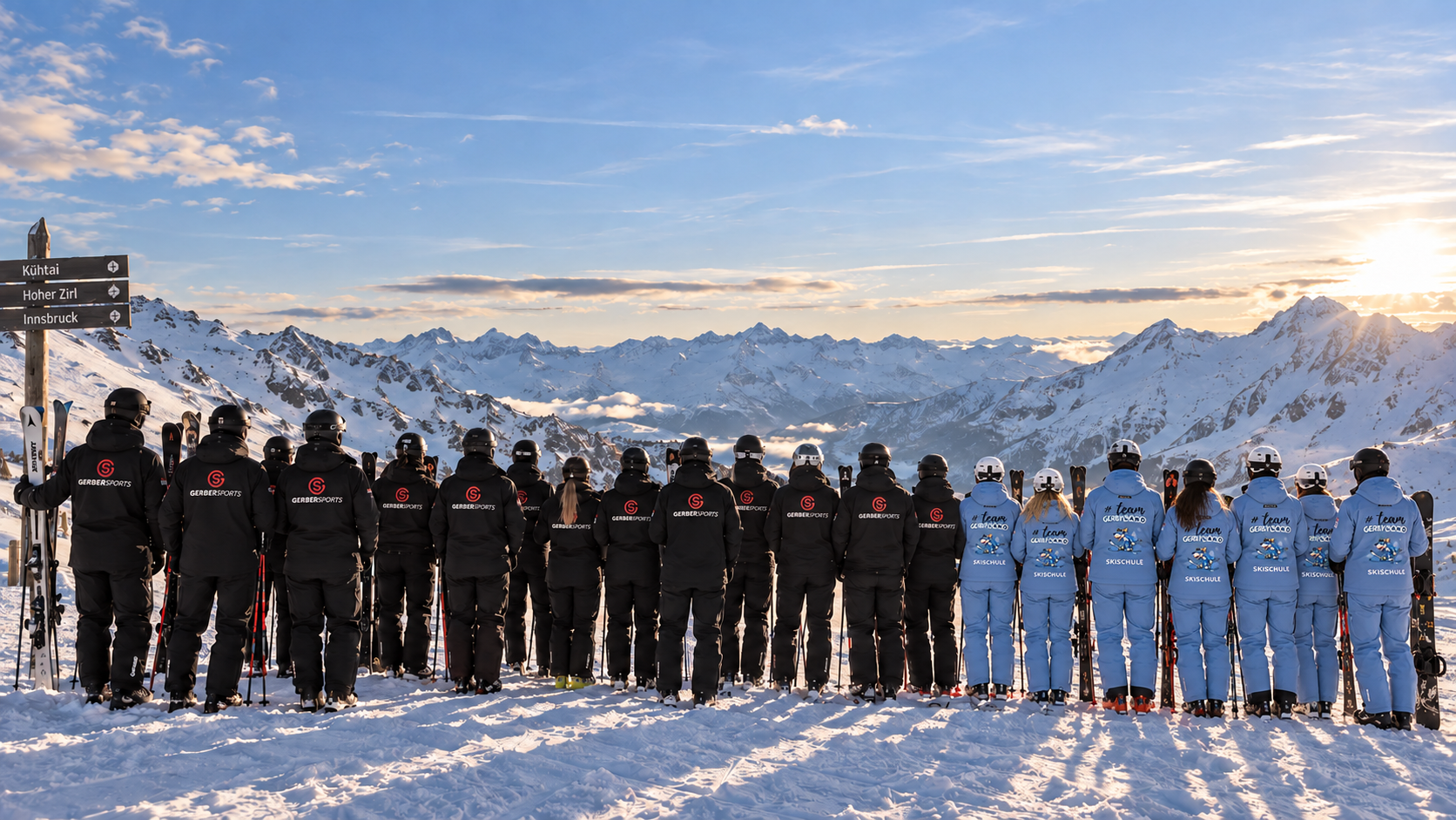 GERBER SPORTS Skischulteam vor alpiner Bergkulisse in Kühtai